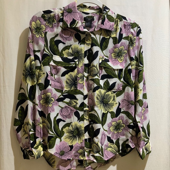 Ann Taylor button front blouse Sz XSP floral button cuff chest pockets - Picture 1 of 9
